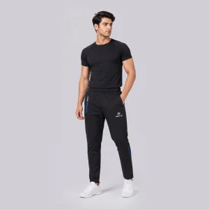 NEKLIX men’s black slim fit track pant back view with blue zipper pocket, elastic waistband and NEKLIX logo detail