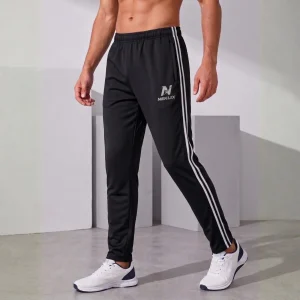 NEKLIX men’s black slim fit track pant front view with white side stripes, elastic waistband