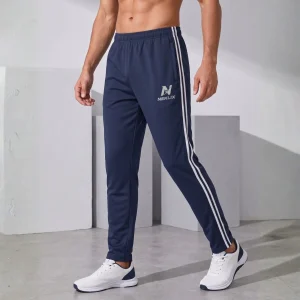 NEKLIX men’s black slim fit track pant front view with white side stripes, elastic waistband