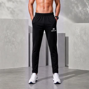 NEKLIX men’s grey 4-way stretch slim fit track pant front view with elastic waistband, side pockets