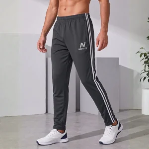 NEKLIX men’s black slim fit track pant front view with white side stripes, elastic waistband